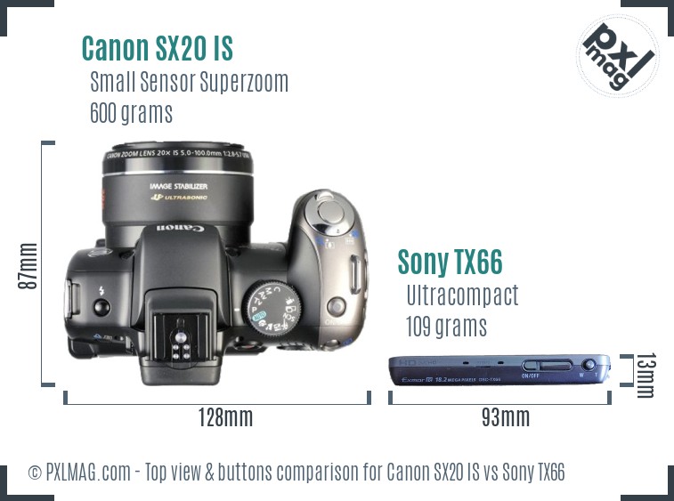 Canon SX20 IS vs Sony TX66 top view buttons comparison