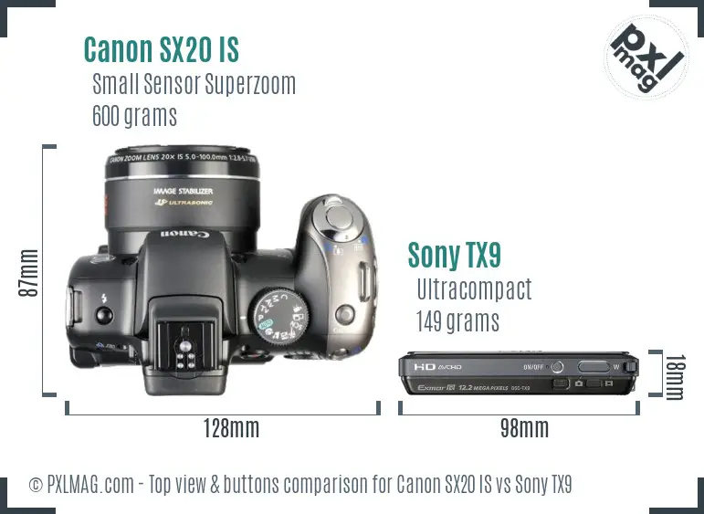 Canon SX20 IS vs Sony TX9 top view buttons comparison Canon SX20 IS vs Sony TX9 top view buttons comparison