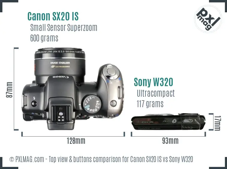 Canon SX20 IS vs Sony W320 top view buttons comparison