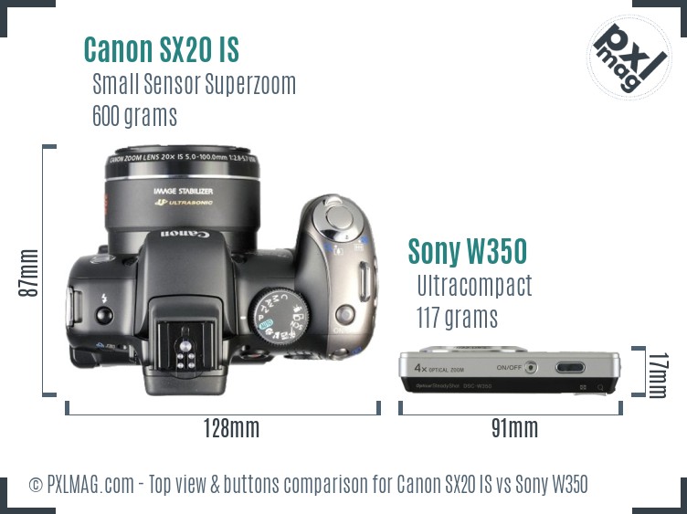 Canon SX20 IS vs Sony W350 top view buttons comparison