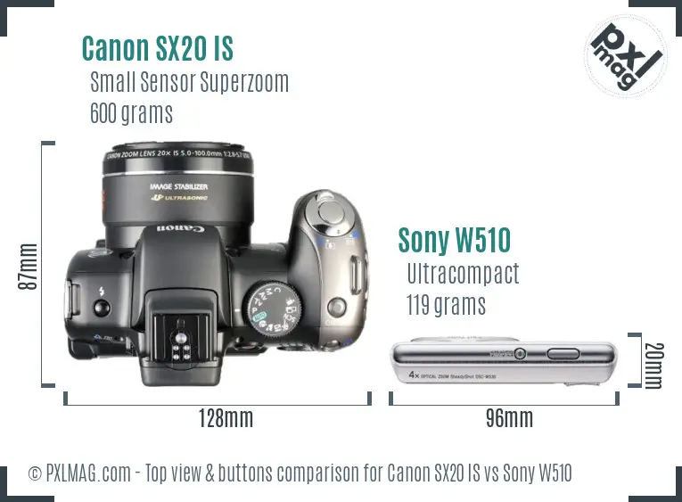 Canon SX20 IS vs Sony W510 top view buttons comparison
