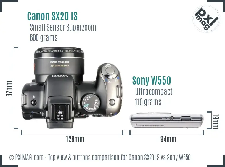 Canon SX20 IS vs Sony W550 top view buttons comparison Canon SX20 IS vs Sony W550 top view buttons comparison
