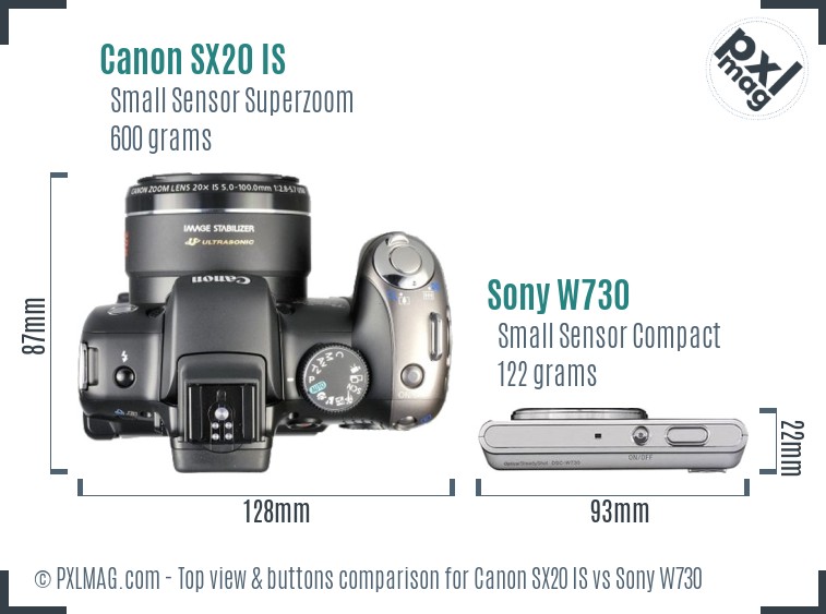 Canon SX20 IS vs Sony W730 top view buttons comparison