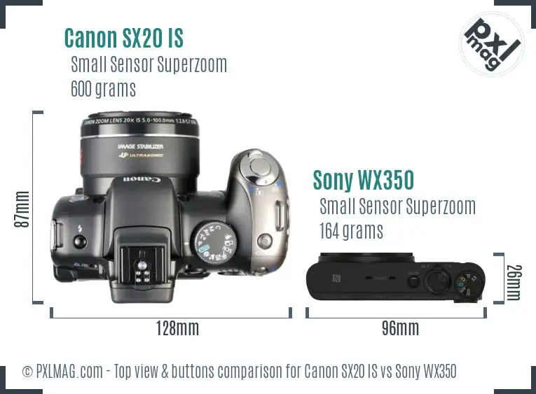 Canon SX20 IS vs Sony WX350 top view buttons comparison