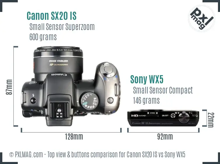 Canon SX20 IS vs Sony WX5 top view buttons comparison