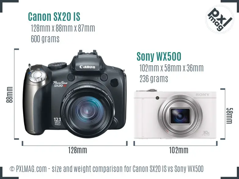 Canon SX20 IS vs Sony WX500 size comparison