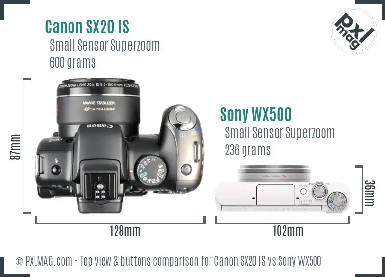 Canon SX20 IS vs Sony WX500 top view buttons comparison