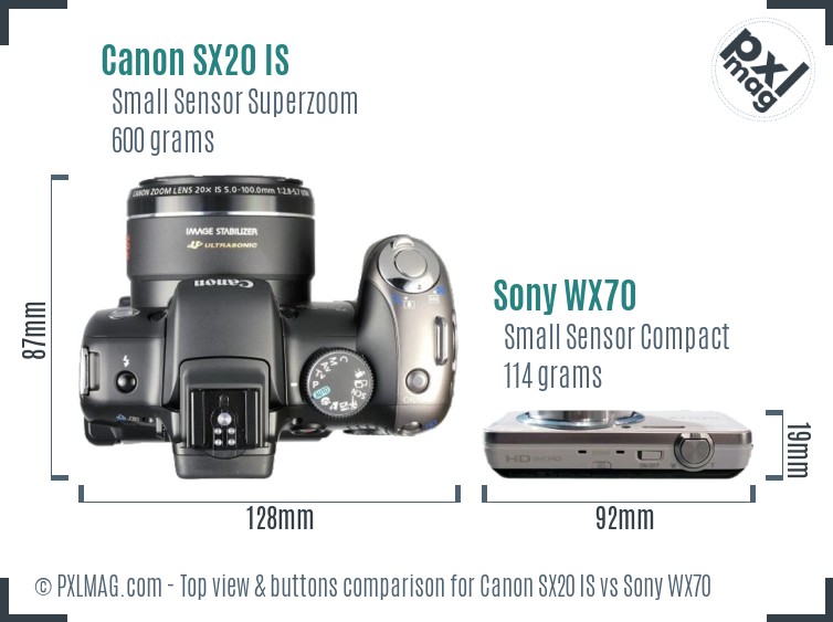 Canon SX20 IS vs Sony WX70 top view buttons comparison
