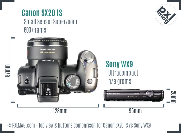 Canon SX20 IS vs Sony WX9 top view buttons comparison