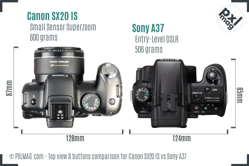 Canon SX20 IS vs Sony A37 top view buttons comparison