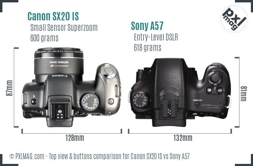 Canon SX20 IS vs Sony A57 top view buttons comparison