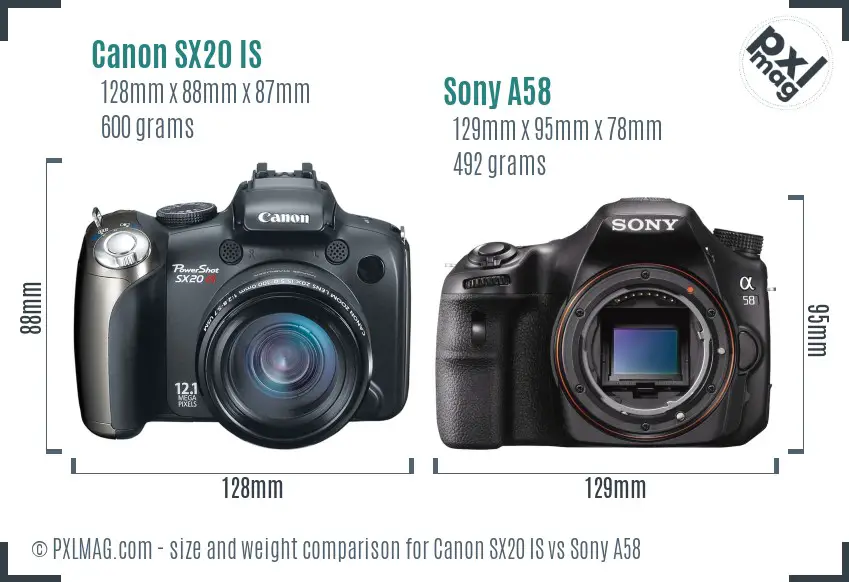 Canon SX20 IS vs Sony A58 size comparison