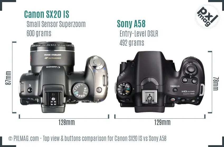 Canon SX20 IS vs Sony A58 top view buttons comparison