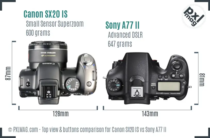 Canon SX20 IS vs Sony A77 II top view buttons comparison