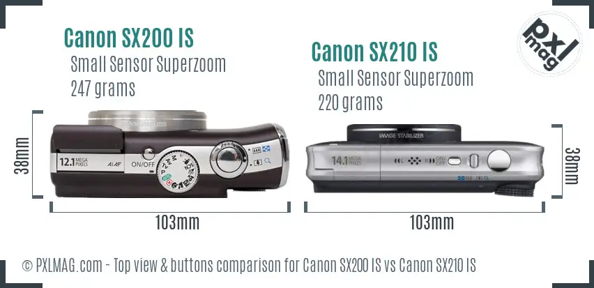 Canon SX200 IS vs Canon SX210 IS top view buttons comparison