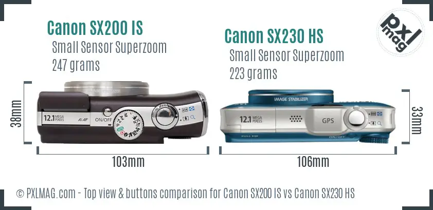 Canon SX200 IS vs Canon SX230 HS top view buttons comparison