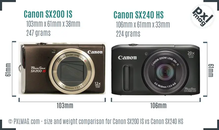 Canon SX200 IS vs Canon SX240 HS size comparison