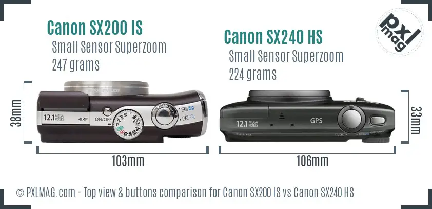 Canon SX200 IS vs Canon SX240 HS top view buttons comparison