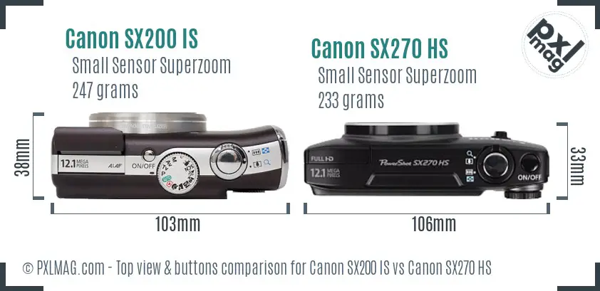 Canon SX200 IS vs Canon SX270 HS top view buttons comparison