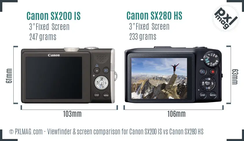 Canon SX200 IS vs Canon SX280 HS Screen and Viewfinder comparison