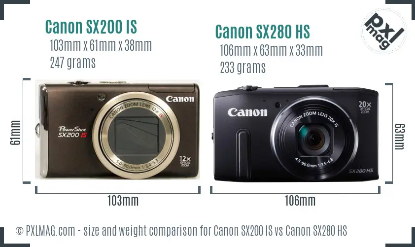 Canon SX200 IS vs Canon SX280 HS size comparison
