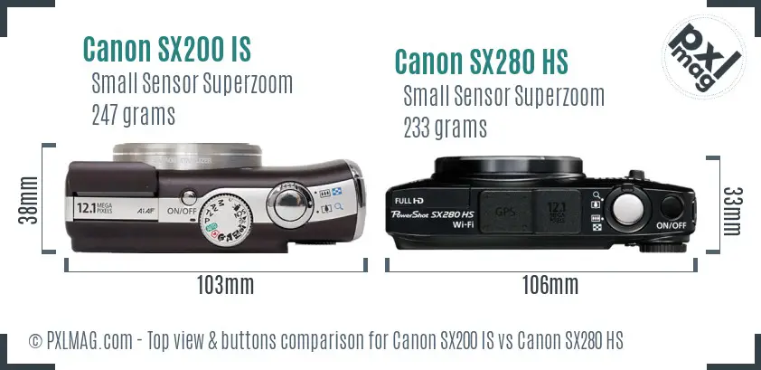 Canon SX200 IS vs Canon SX280 HS top view buttons comparison