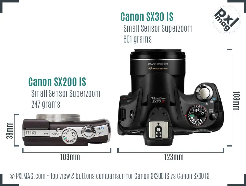 Canon SX200 IS vs Canon SX30 IS top view buttons comparison