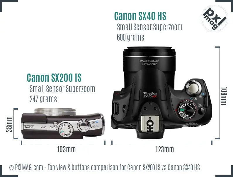 Canon SX200 IS vs Canon SX40 HS top view buttons comparison