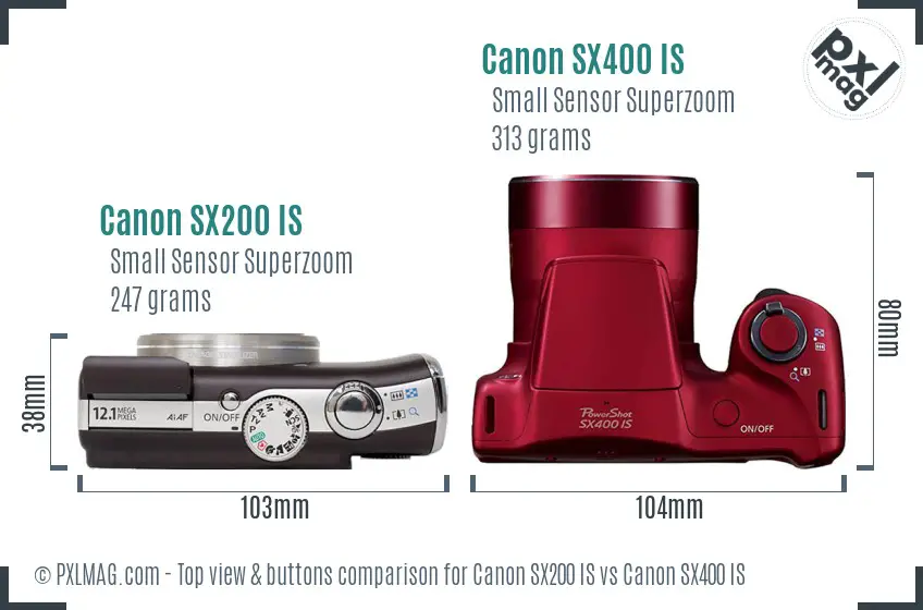 Canon SX200 IS vs Canon SX400 IS top view buttons comparison