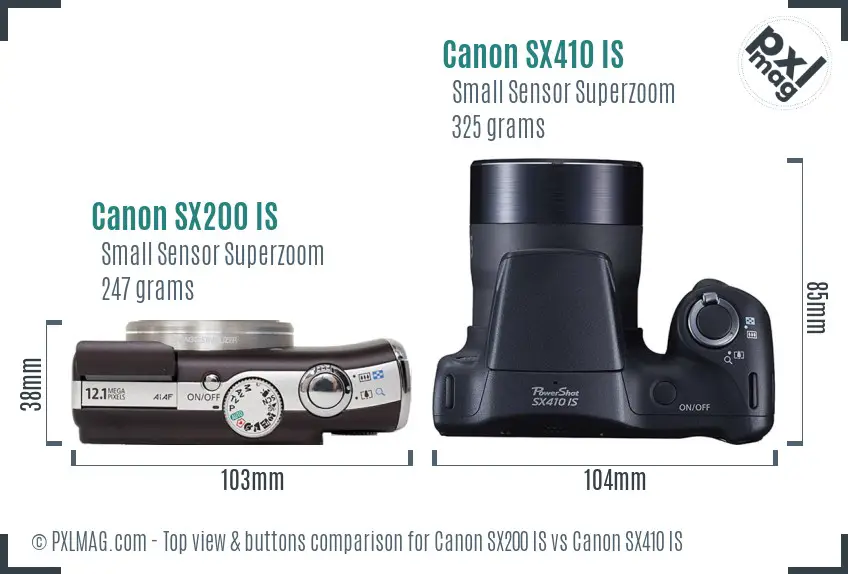 Canon SX200 IS vs Canon SX410 IS top view buttons comparison
