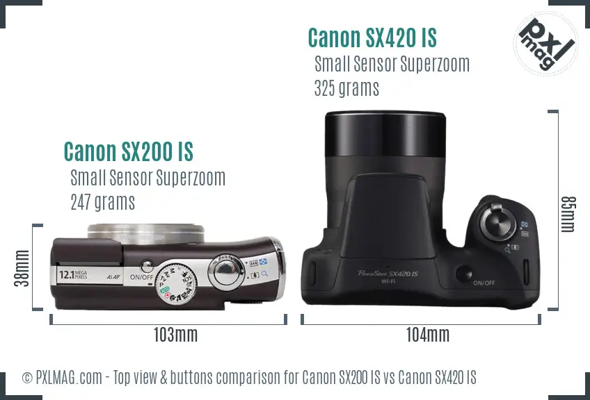Canon SX200 IS vs Canon SX420 IS top view buttons comparison