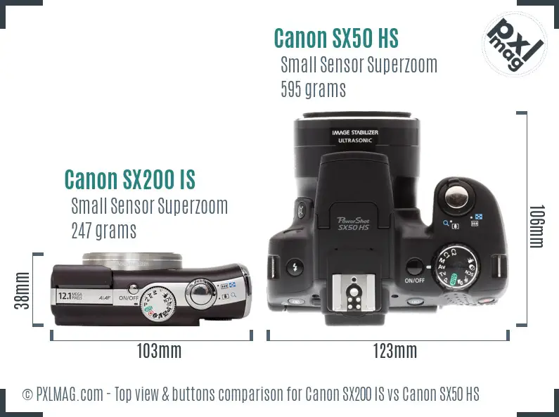 Canon SX200 IS vs Canon SX50 HS top view buttons comparison