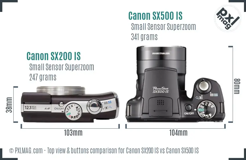 Canon SX200 IS vs Canon SX500 IS top view buttons comparison