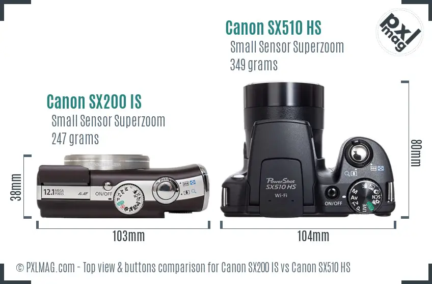 Canon SX200 IS vs Canon SX510 HS top view buttons comparison