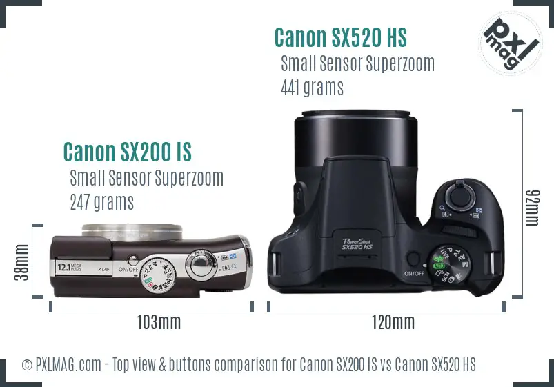 Canon SX200 IS vs Canon SX520 HS top view buttons comparison