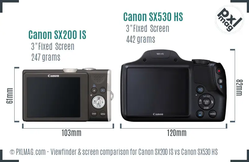Canon SX200 IS vs Canon SX530 HS Screen and Viewfinder comparison