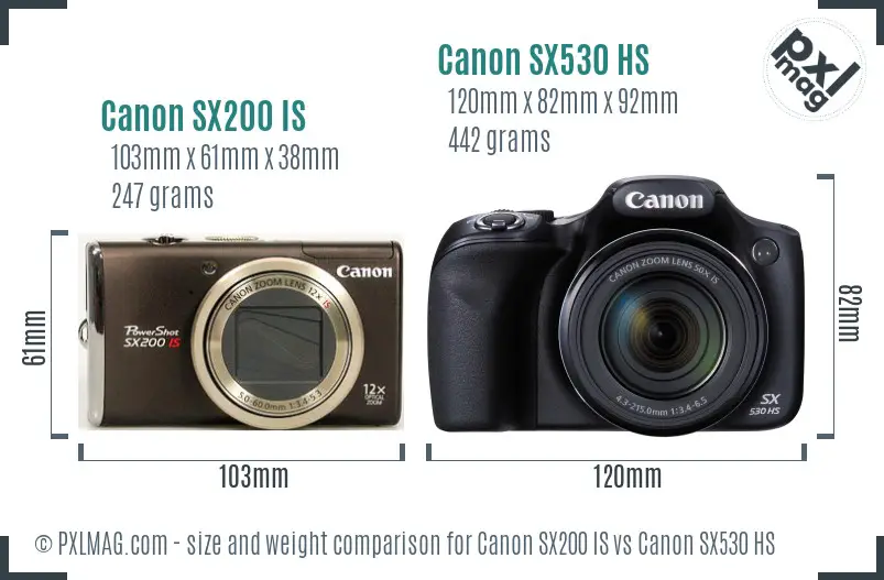 Canon SX200 IS vs Canon SX530 HS size comparison