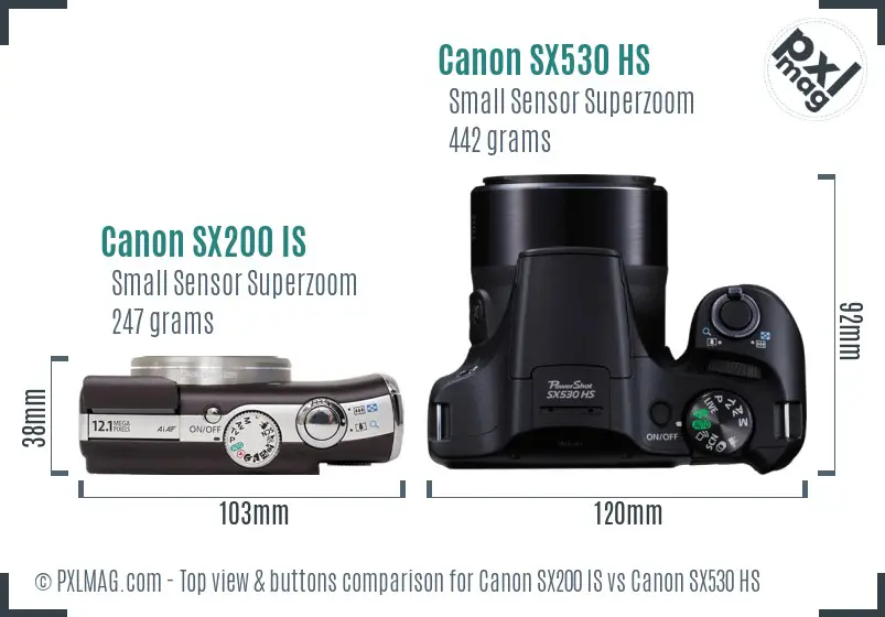 Canon SX200 IS vs Canon SX530 HS top view buttons comparison