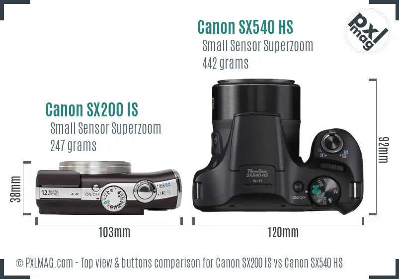 Canon SX200 IS vs Canon SX540 HS top view buttons comparison