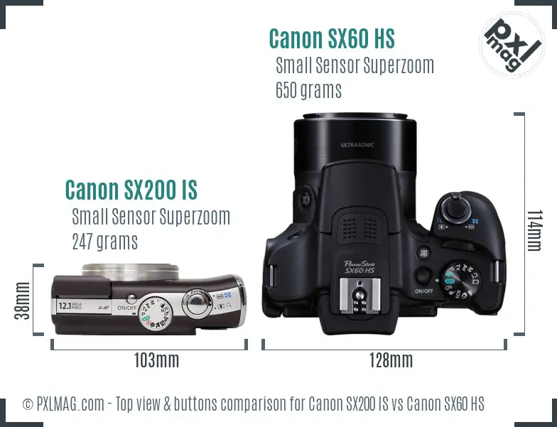 Canon SX200 IS vs Canon SX60 HS top view buttons comparison