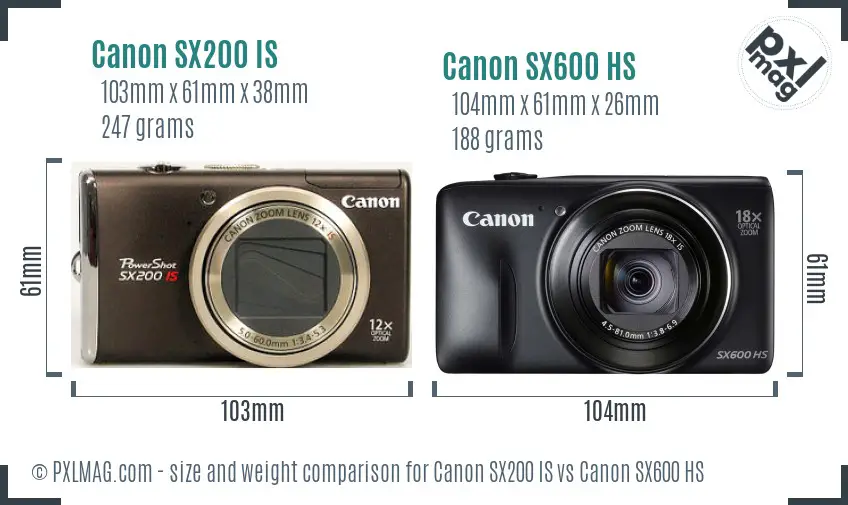 Canon SX200 IS vs Canon SX600 HS size comparison