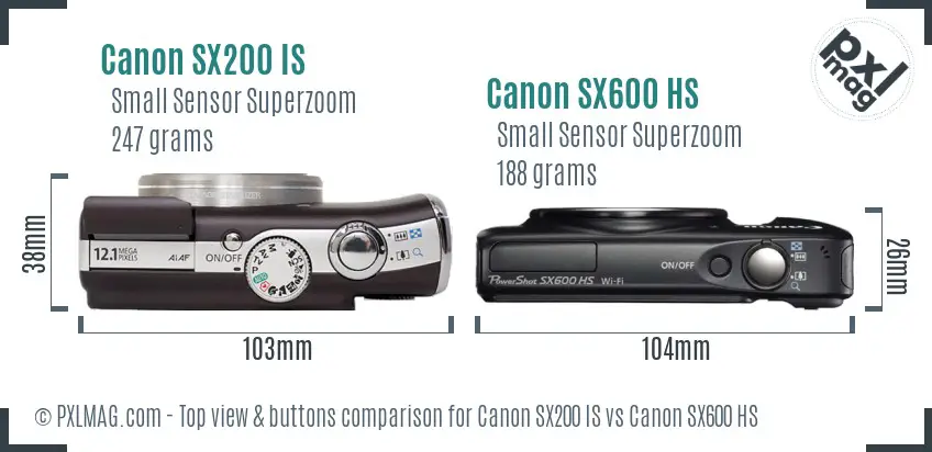 Canon SX200 IS vs Canon SX600 HS top view buttons comparison