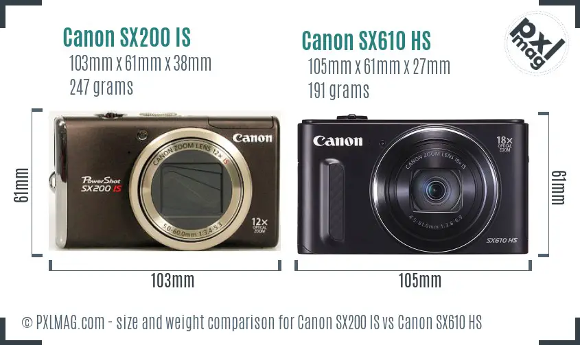 Canon SX200 IS vs Canon SX610 HS size comparison