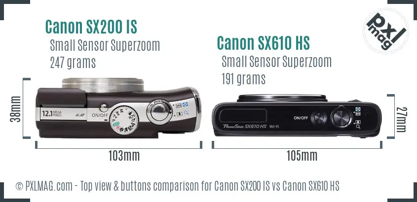 Canon SX200 IS vs Canon SX610 HS top view buttons comparison