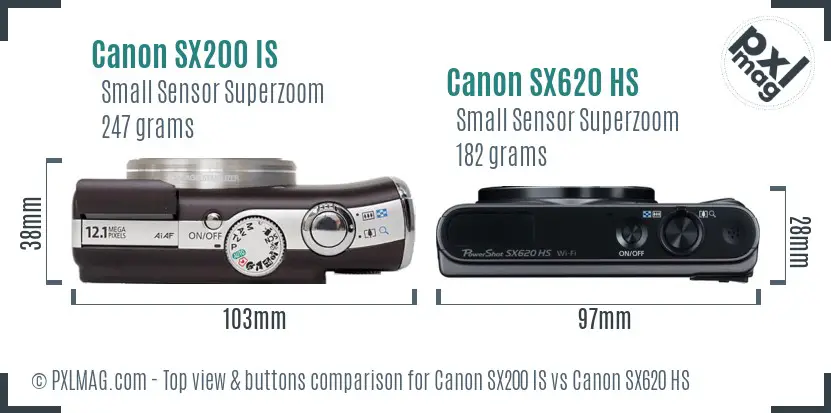 Canon SX200 IS vs Canon SX620 HS top view buttons comparison