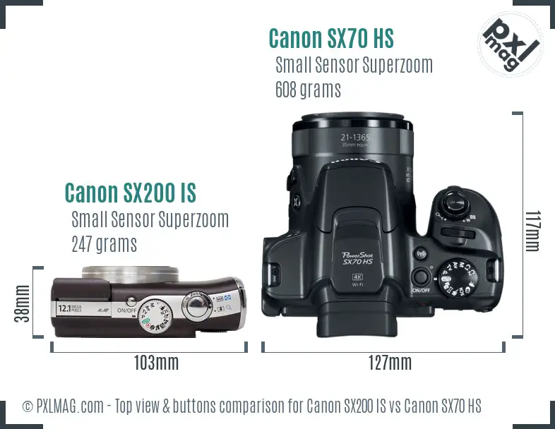 Canon SX200 IS vs Canon SX70 HS top view buttons comparison