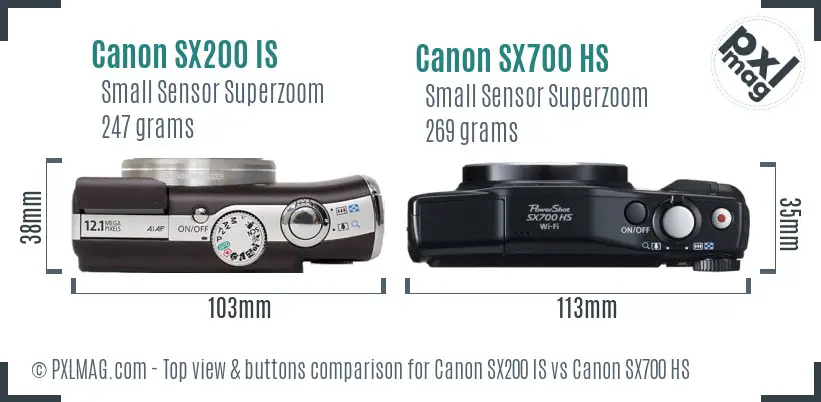 Canon SX200 IS vs Canon SX700 HS top view buttons comparison