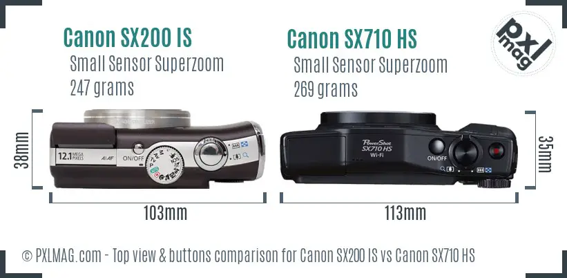 Canon SX200 IS vs Canon SX710 HS top view buttons comparison