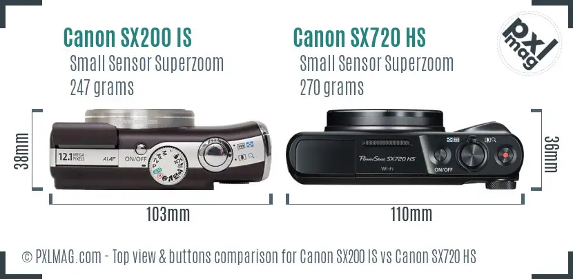 Canon SX200 IS vs Canon SX720 HS top view buttons comparison