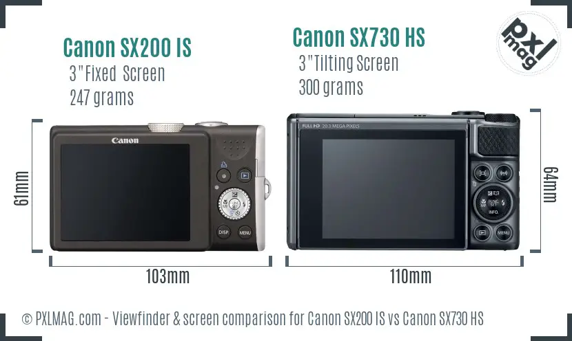 Canon SX200 IS vs Canon SX730 HS Screen and Viewfinder comparison